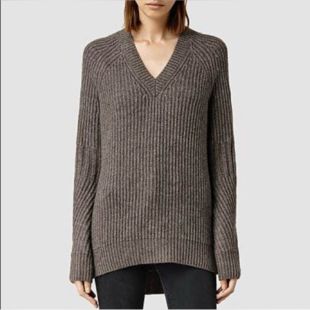 AllSaints Riva V-Neck Wool Alpaca Blend Sweater XS Hi-Low Mocha Brown